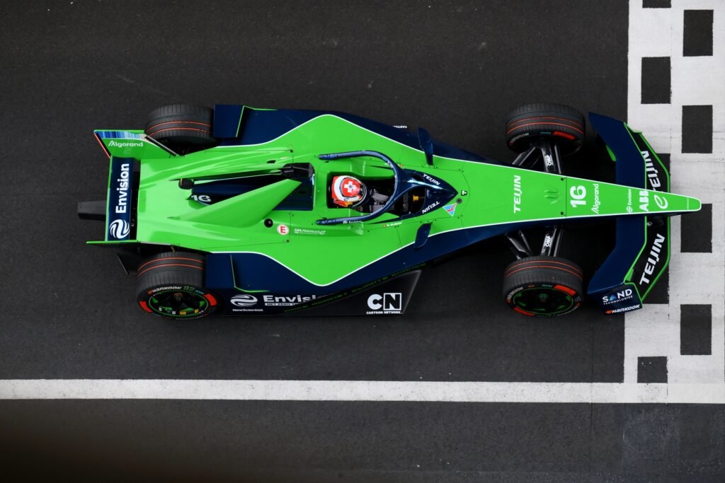 Sebastien Buemi of Switzerland driving the (16) Envision Racing Jaguar I-TYPE 7 in the Pitlane during practice, ahead of the Shanghai E-Prix