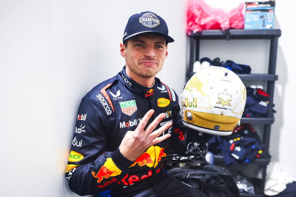 LAS VEGAS, NEVADA - NOVEMBER 23: 2024 F1 World Drivers Champion Max Verstappen of the Netherlands and Oracle Red Bull Racing celebrates after the F1 Grand Prix of Las Vegas at Las Vegas Strip Circuit on November 23, 2024 in Las Vegas, Nevada.