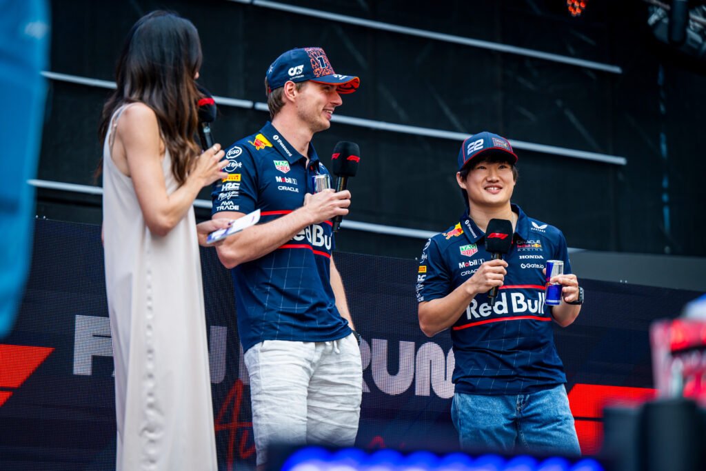 Max Verstappen and Yuki Tsunoda seen during the FIA Formula One World Championship at the Red Bull Ring in Spielberg, Austria on June 28, 2025. // Lucas Pripfl / Red Bull Ring // SI202506280905 // Usage for editorial use only //