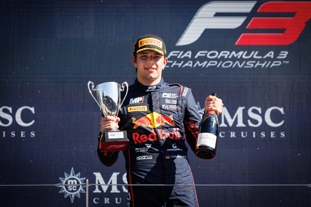 Tim Tramnitz celebrating a P2 finish at the 2025 F3 Austrian GP.