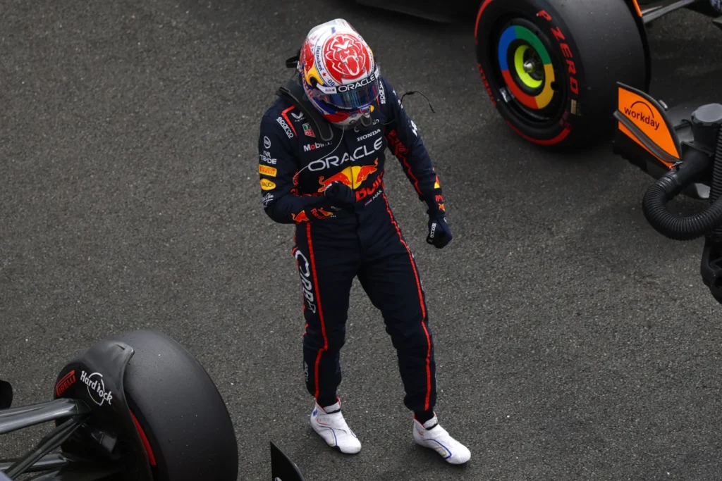 Pole position qualifier Max Verstappen of the Netherlands and Oracle Red Bull Racing celebrates in parc ferme during qualifying ahead of the F1 Grand Prix of Great Britain at Silverstone Circuit on July 05, 2025 in Northampton, England. (Photo by Zak Mauger/LAT Images)