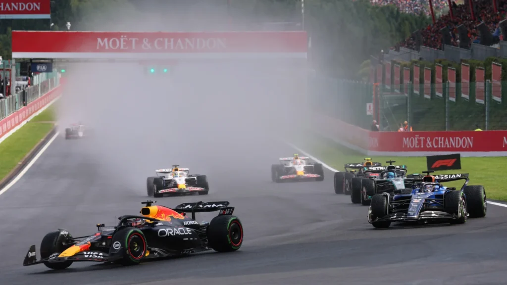 Max Verstappen of the Netherlands driving the (1) Oracle Red Bull Racing RB21 leads Alexander Albon of Thailand driving the (23) Williams FW47 Mercedeson track during the F1 Grand Prix of Belgium at Circuit de Spa-Francorchamps on July 27, 2025 in Spa, Belgium. (Photo by Mark Thompson/Getty Images)
