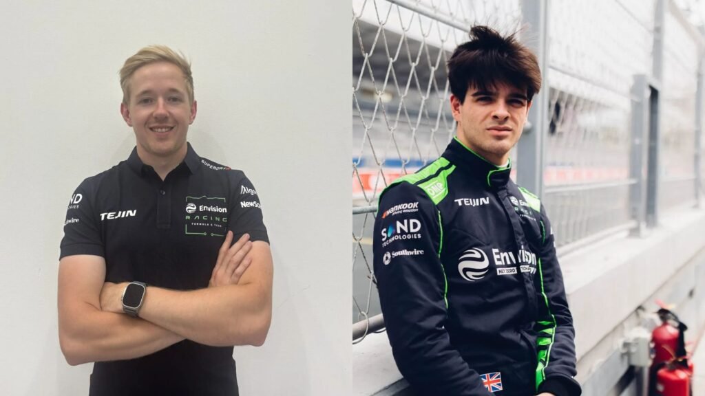 Pictures of Johnathan Hoggard and Zak O'Sullivan against a background, in Envision Racing clothes.