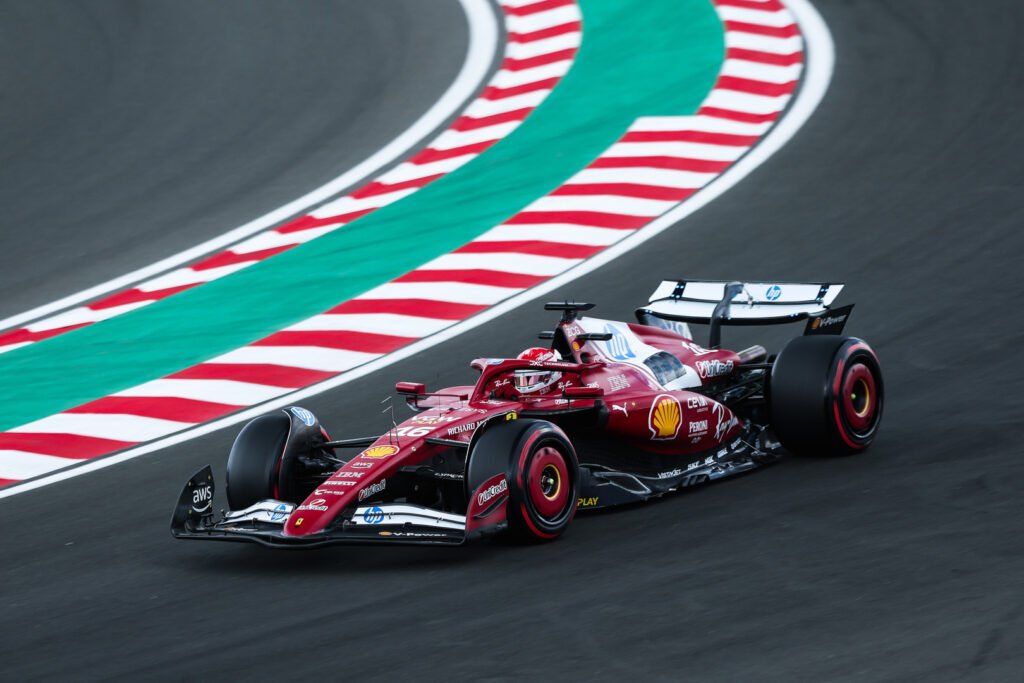 Charles Leclerc driving the Scuderia Ferrari car around the Hungaroring, at the Hungarian GP.