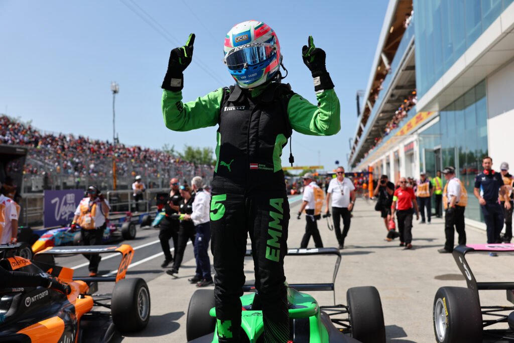 MONTREAL, QUEBEC - JUNE 14: Race winner Emma Felbermayr of Austria and Rodin Motorsport (5) celebrates in parc ferme during F1 Academy Round 4, race 2 at Circuit Gilles-Villeneuve on June 14, 2025 in Montreal, Quebec.