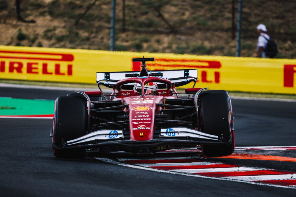 Charles Leclerc driving the Scuderia Ferrari car around the Hungaroring, at the Hungarian GP.