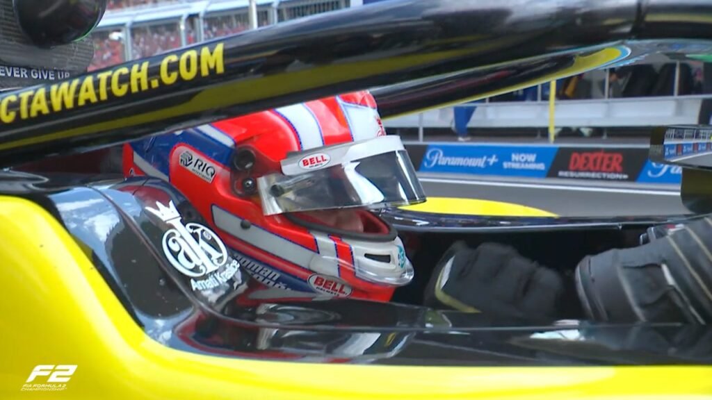Roman Stanek celebrating in his car following qualifying at the F2 Hungarian GP.