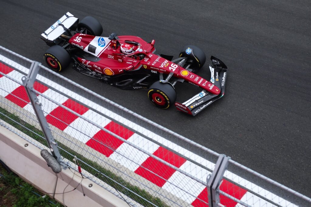 Charles Leclerc driving his Ferrari at the 2025 F1 Hungarian GP.