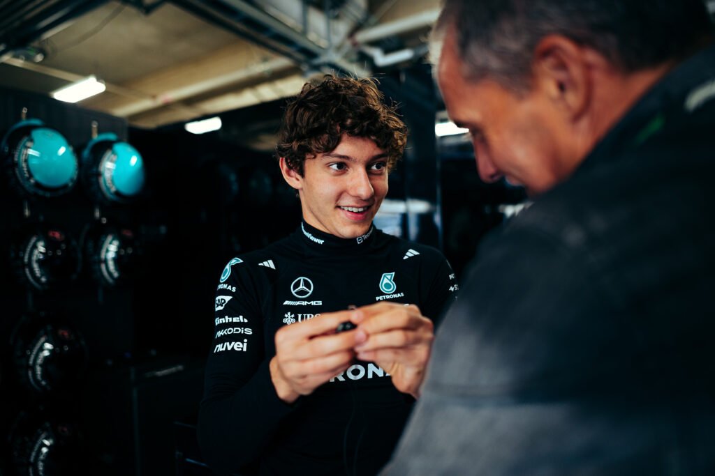 Kimi Antonelli in the Mercedes garage ahead of F1 GP