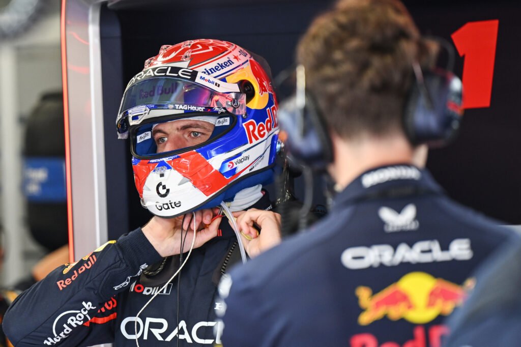 Max Verstappen of Red Bull Racing prepares to drive in the garage prior to the Hungarian GP