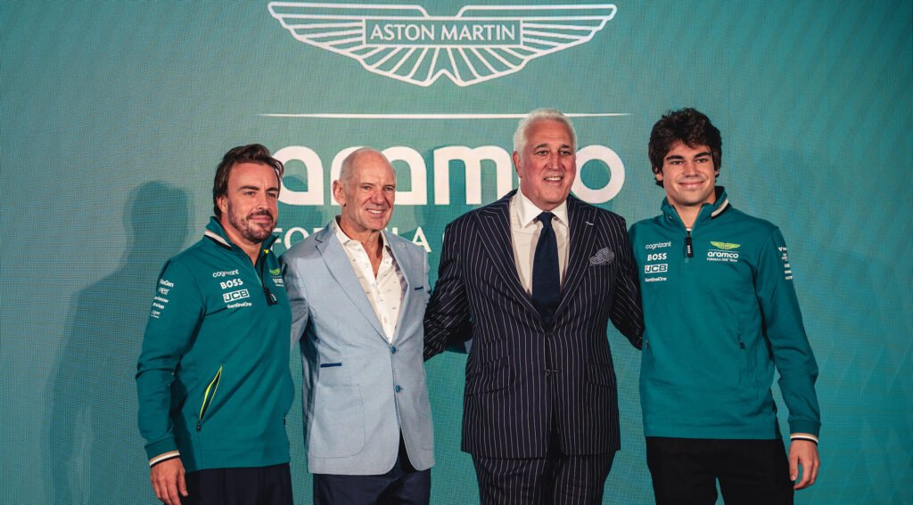 Adrian Newey pictured with drivers Lance Stroll and Fernando Alonso and owner of Aston Martin Aramco, Lawrence Stroll.